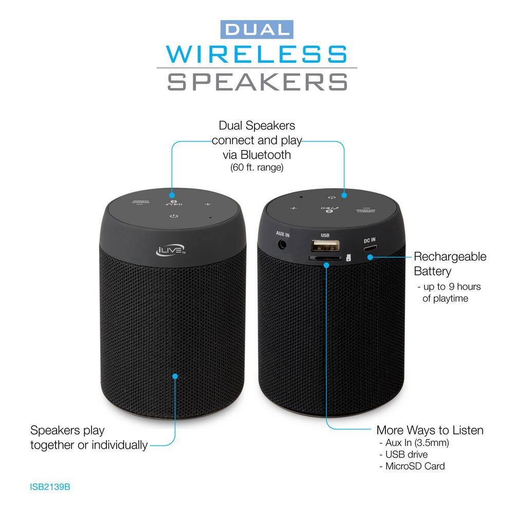 iLive Bluetooth 5.0 Wireless Speaker Pair in Black ISB2139B