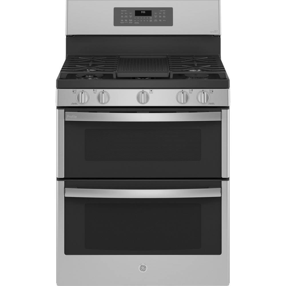 GE Profile 30 in. 6.8 cu. ft. Smart Freestanding Double Oven Gas Range in Fingerprint Resistant Stainless with Air Fry PGB965YPFS