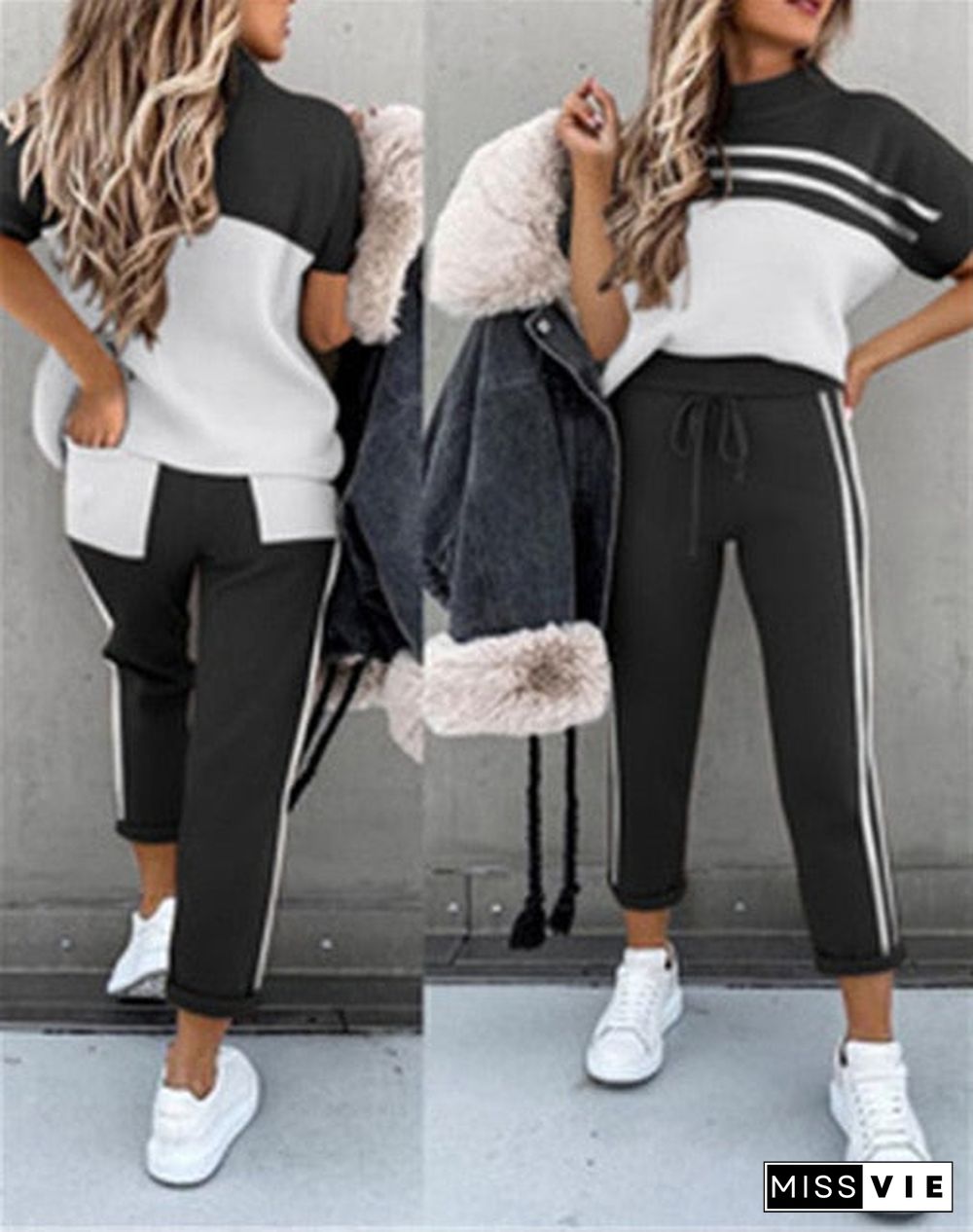 Women Summer Casual Loose 2 Piece Set Side Stripes Drawstring Design Pockets Decor Mid Waist Long Pants+O-Neck Short Sleeve Top