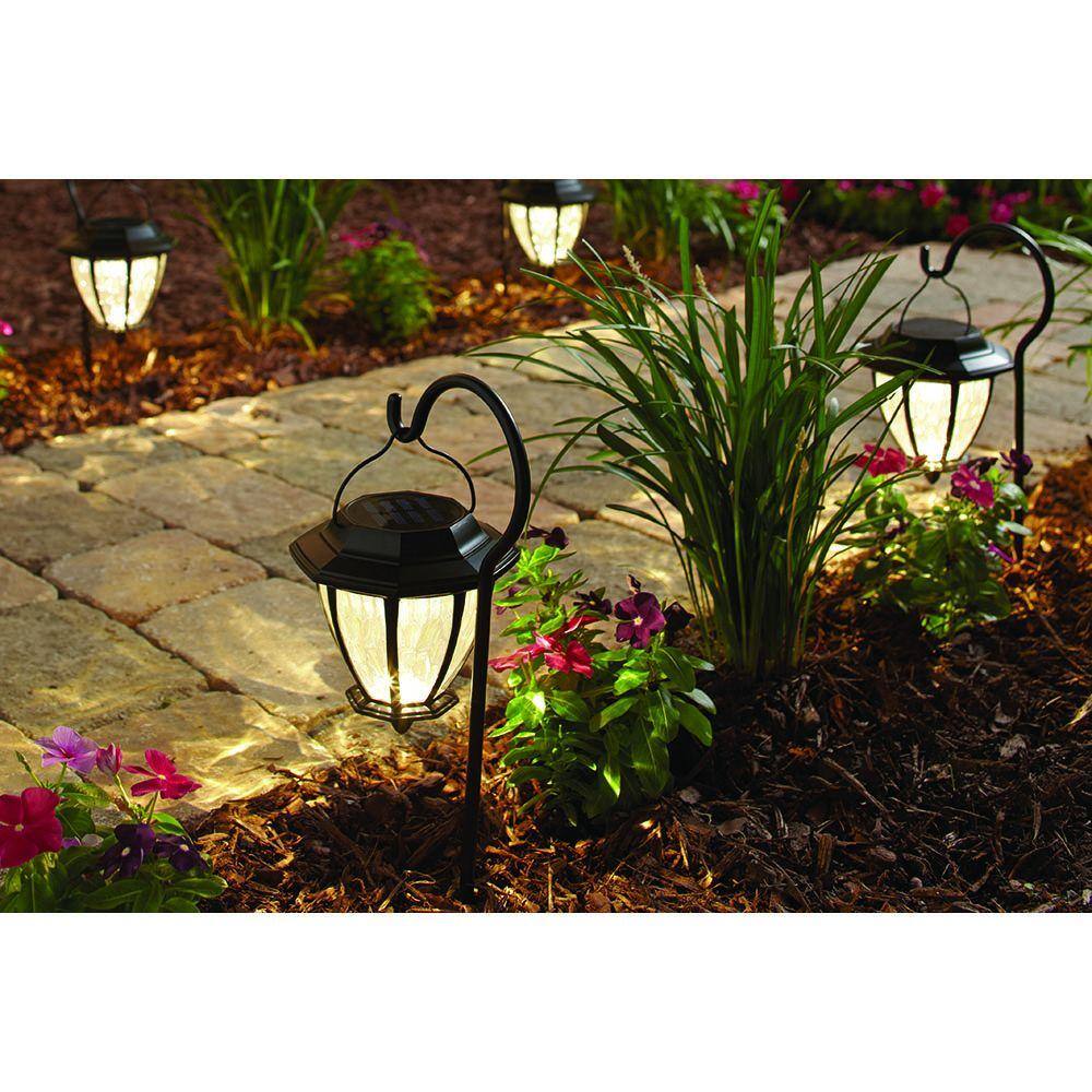 Hampton Bay Solar Matte Black Outdoor Integrated LED Shepard Hook Landscape Path Light with Hammered Lens (4-Pack) 93603