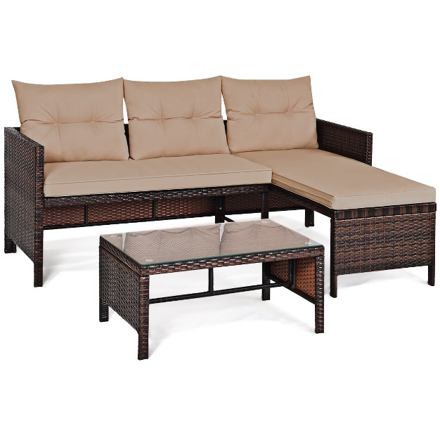 Tangkula 3pc Outdoor Furniture Set Rattan Wicker Sofa Table Deck Garden Patio