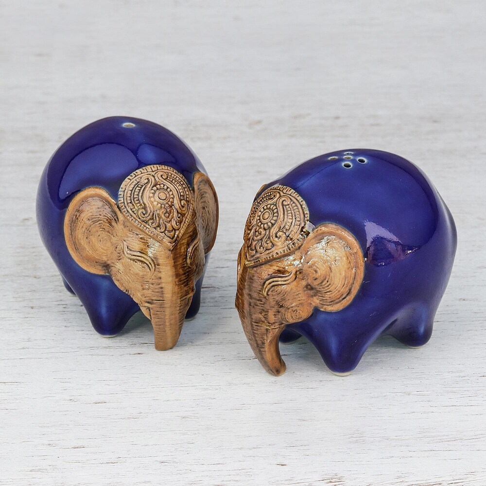 Novica Handmade Round Elephants In Blue Ceramic Salt And Pepper Shakers (Pair)