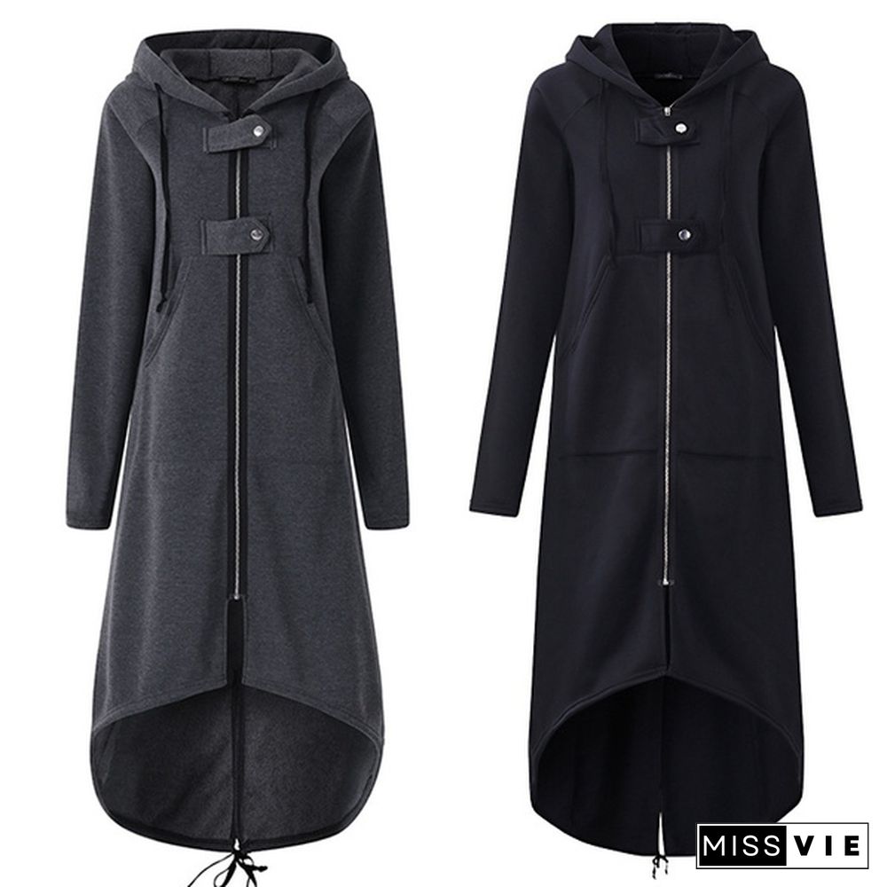 Women Hooded Split Asymmetrical Coat Long Sleeve Zipper Buttons Pockets Jacket