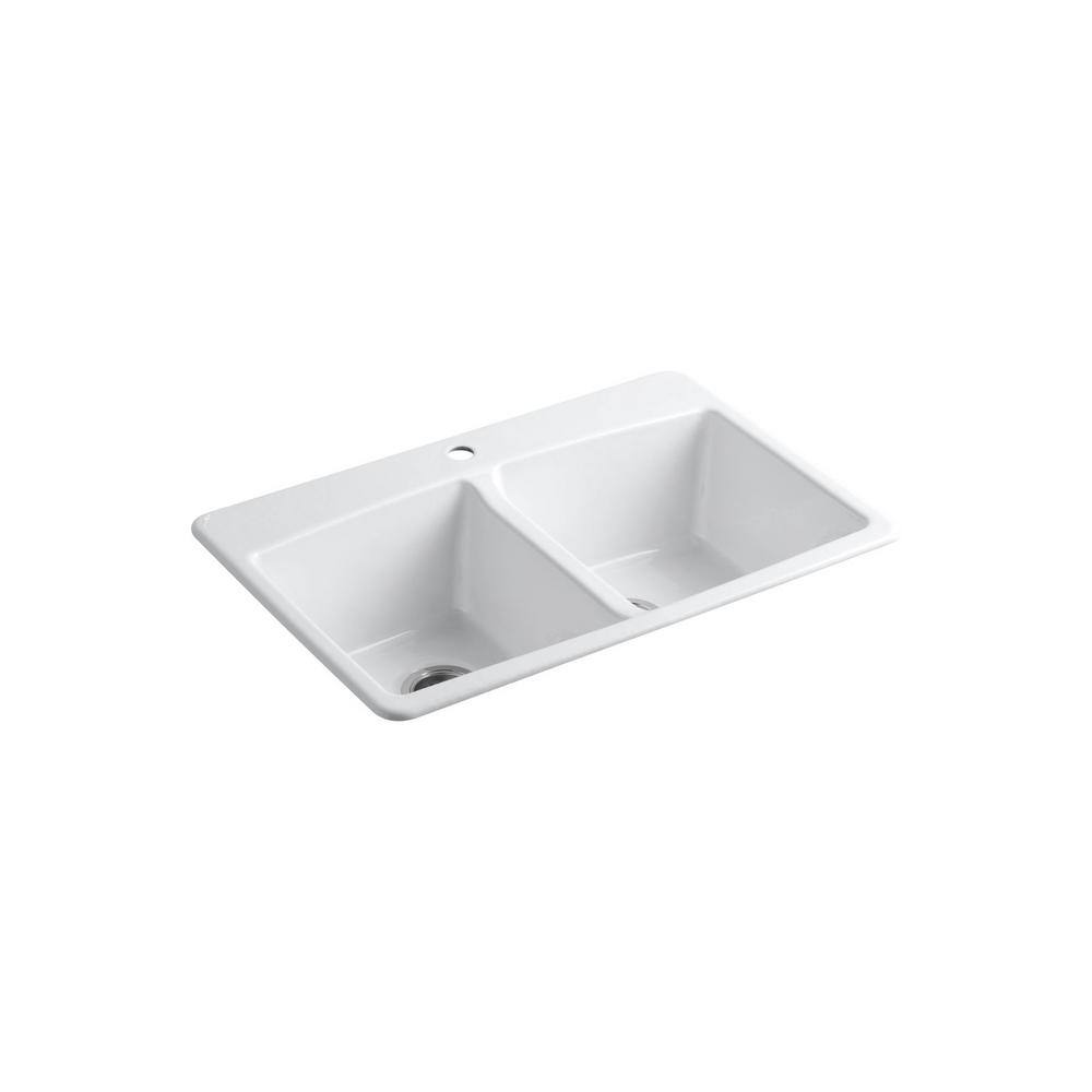 KOHLER Brookfield All-in-One Drop-In Cast Iron 33 in. Double Bowl Kitchen Sink in White with Simplice Kitchen Faucet K-596-CP-5846-1-0