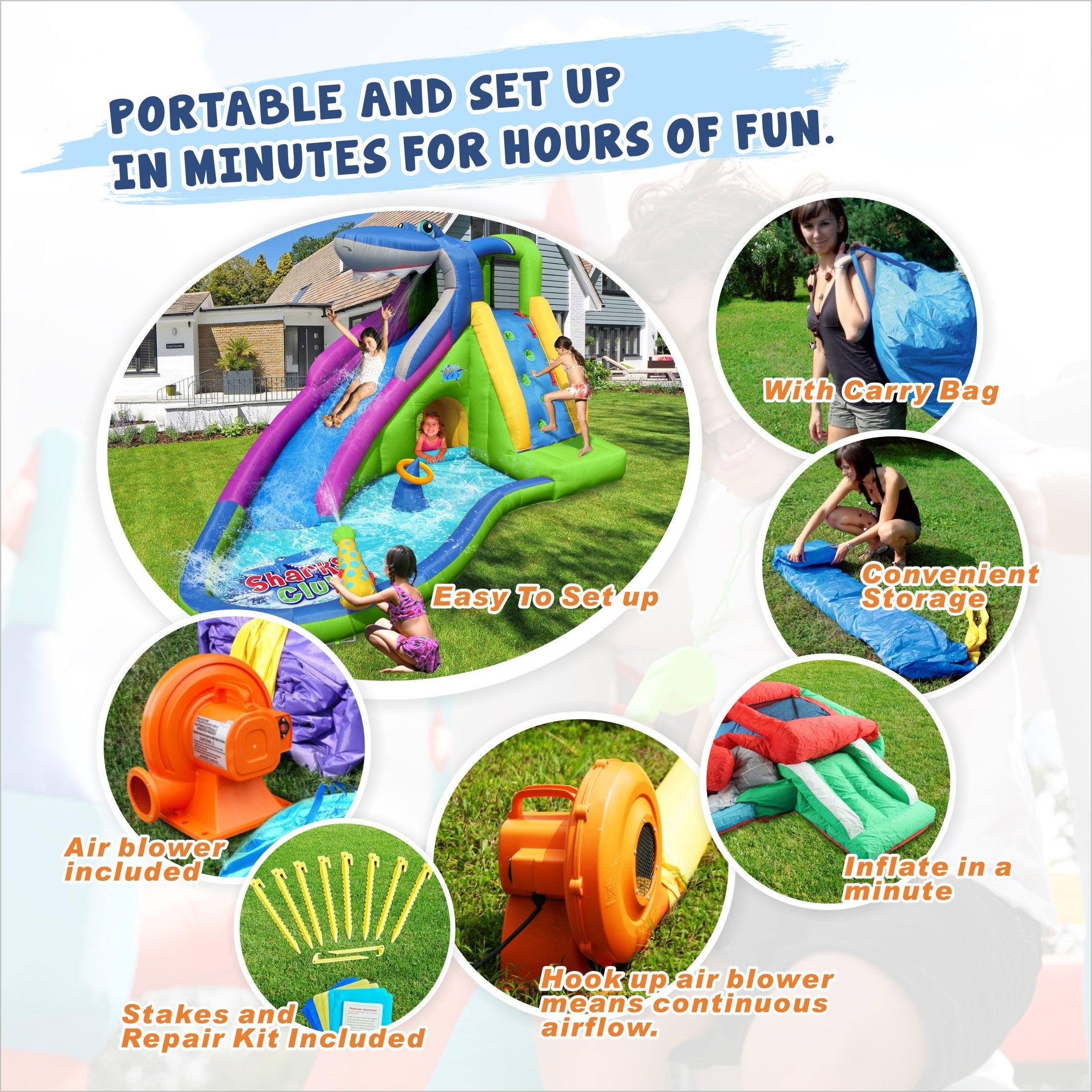 ACTION AIR Inflatable Water Slide, Backyard 15' Bounce House with Water Gun and Splash Pool for Wet and Dry Play, Christmas Gift Idea for Kids