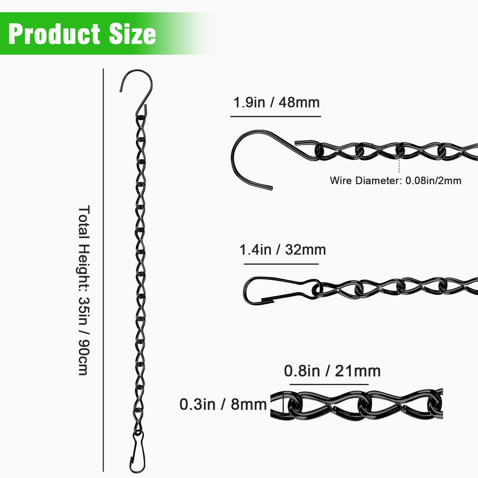 2pcs 35 Inch Hanging Chains, EEEkit Garden Hanging Chain with Hooks for Bird Feeders, Decorative Ornaments, Planters, Billboards, Lanterns, Wind Chimes, and Decorative Ornaments, Holds up to 24lbs