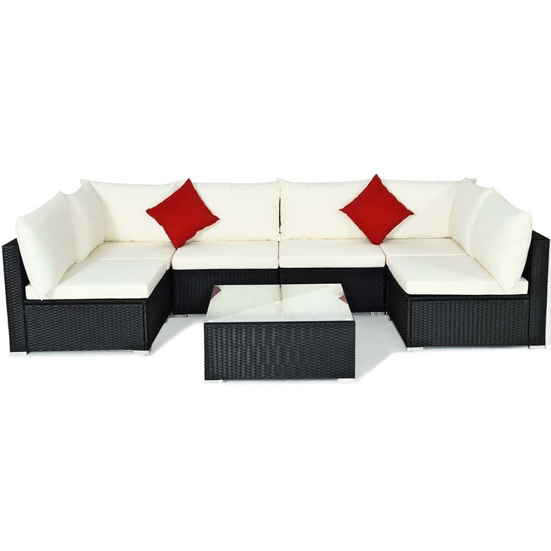 7 Pcs Rattan Patio Furniture Sectional Sofa Set Outdoor Wicker Conversation Set with Back & Seat Cushions Pillows