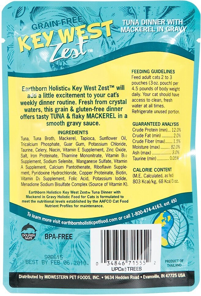 Earthborn Holistic Key West Zest Tuna Dinner with Mackerel in Gravy Grain-Free Cat Food Pouches