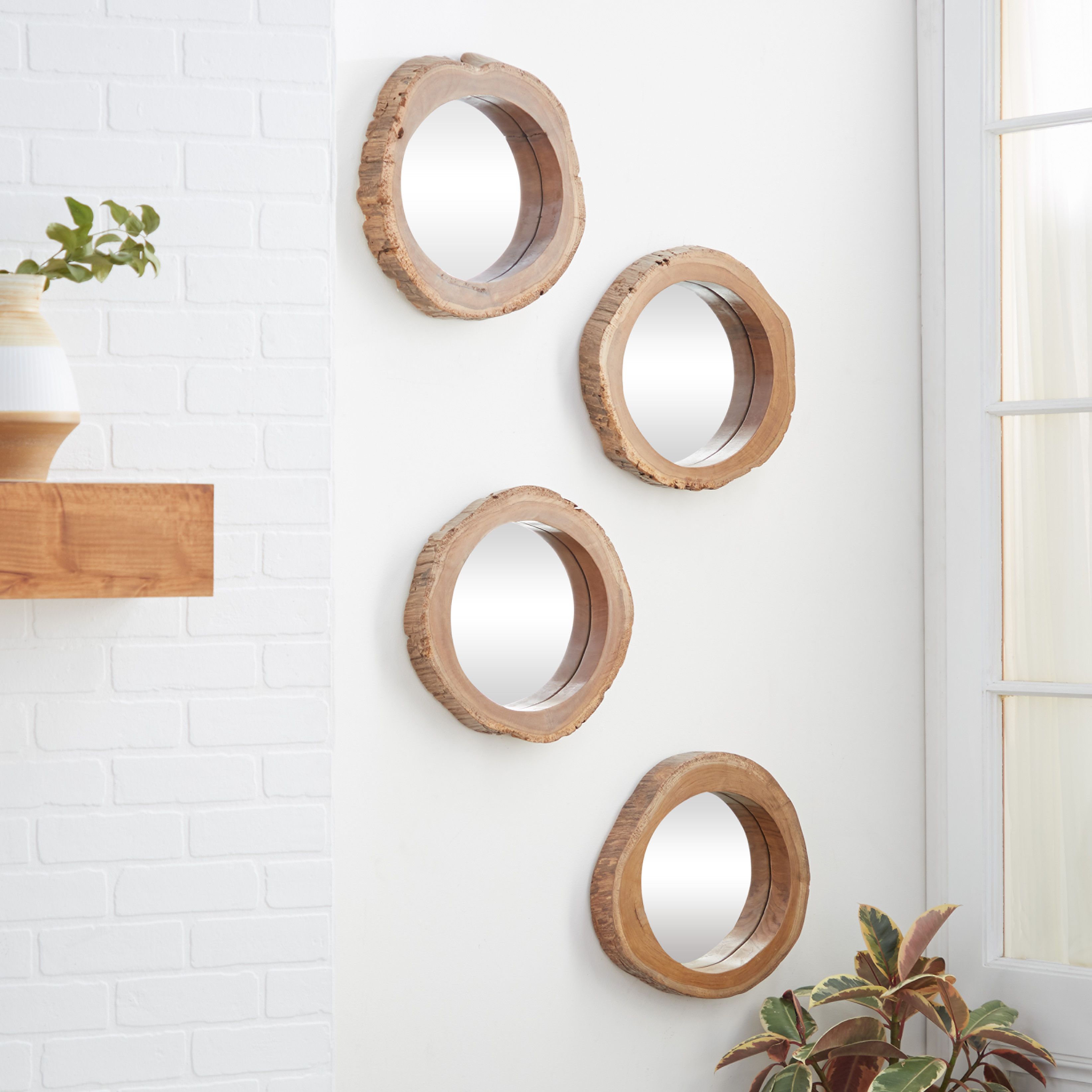 Set of 4 Brown Teak Wood Rustic Wall Mirror 13quotW 13quotH