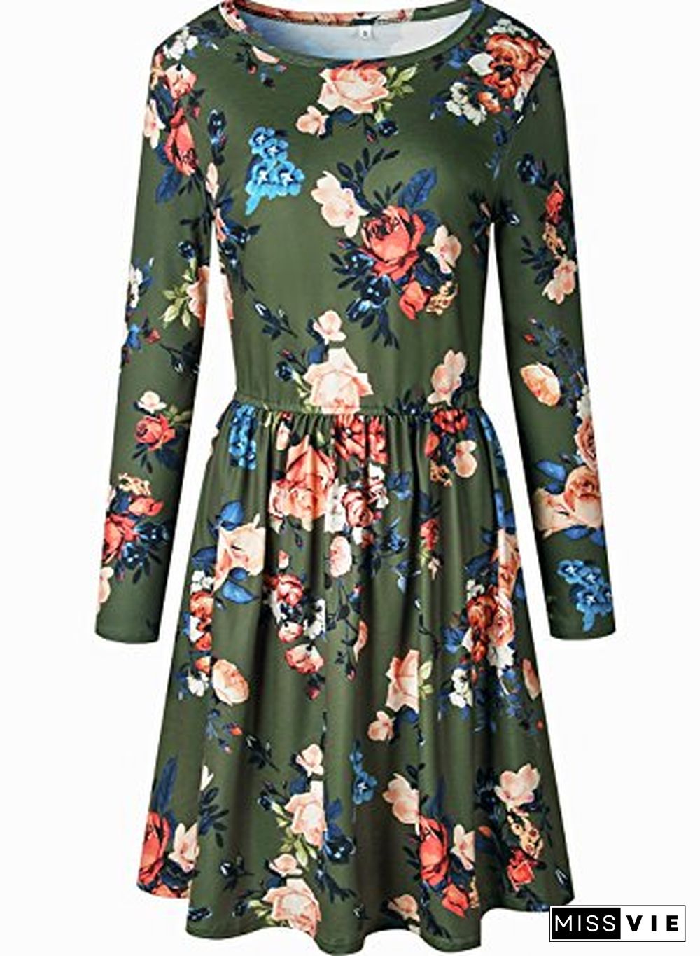 Casual Round Neck Elastic High Waist Floral Midi Dress