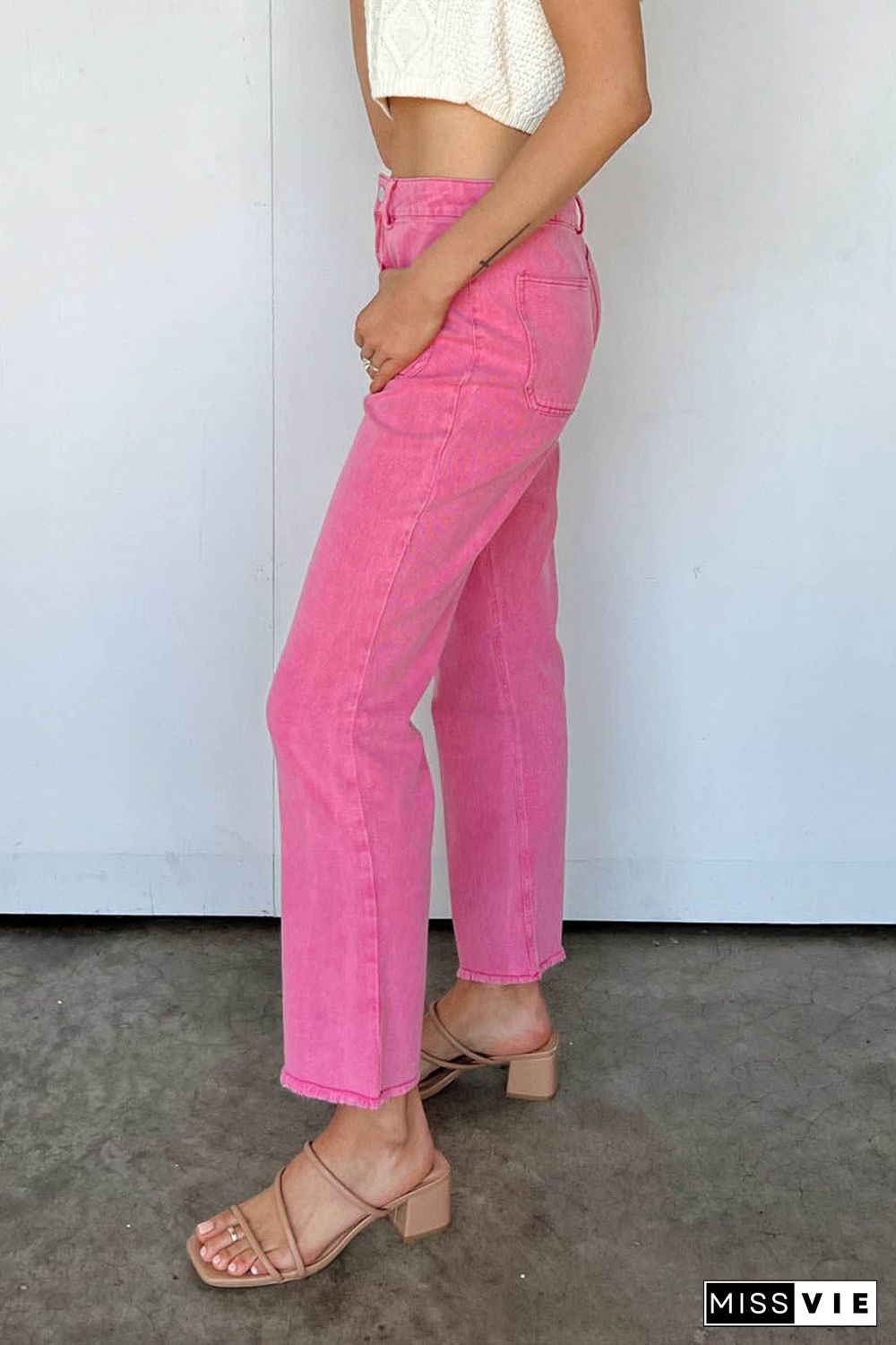 Pink Ankle-length Flare Leg Raw Hem Jeans