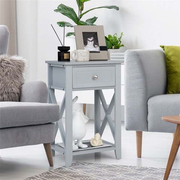 Sofa Side End Table with Drawer and Shelf