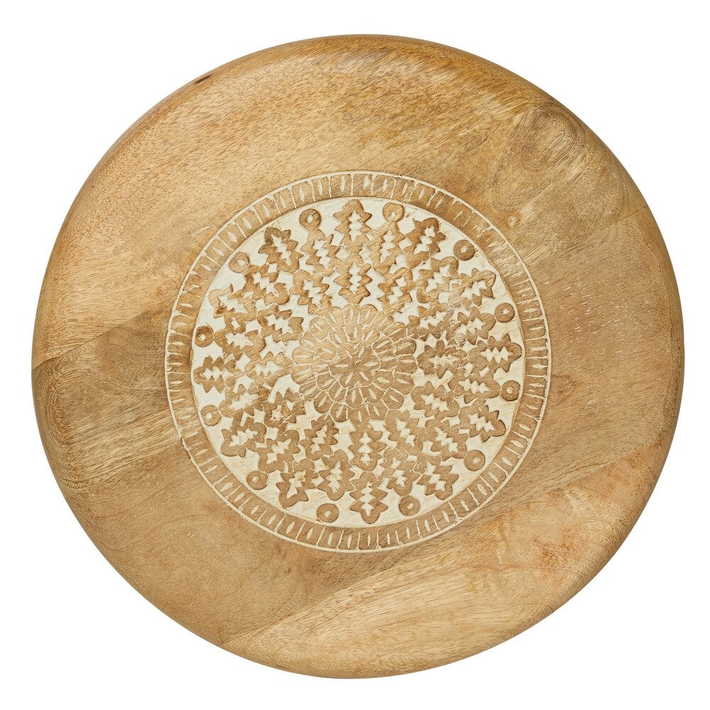 Wood Handmade Intricately Carved Floral Accent Table with 3 Slender Legs