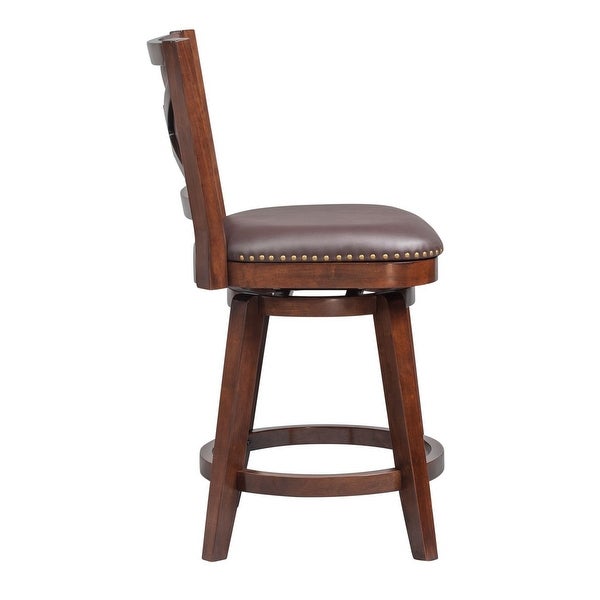 Swivel Counter Stool with Leatherette Padded Back and Nailhead Trim， Brown