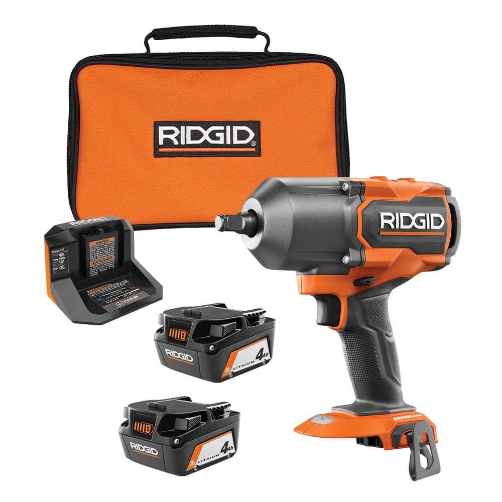 RIDGID 18V Brushless Cordless 4-Mode 1/2 in. High-Torque Impact Wrench with (2) 4.0 Ah Batteries, Charger, and Bag R86212B-AC93044SBN