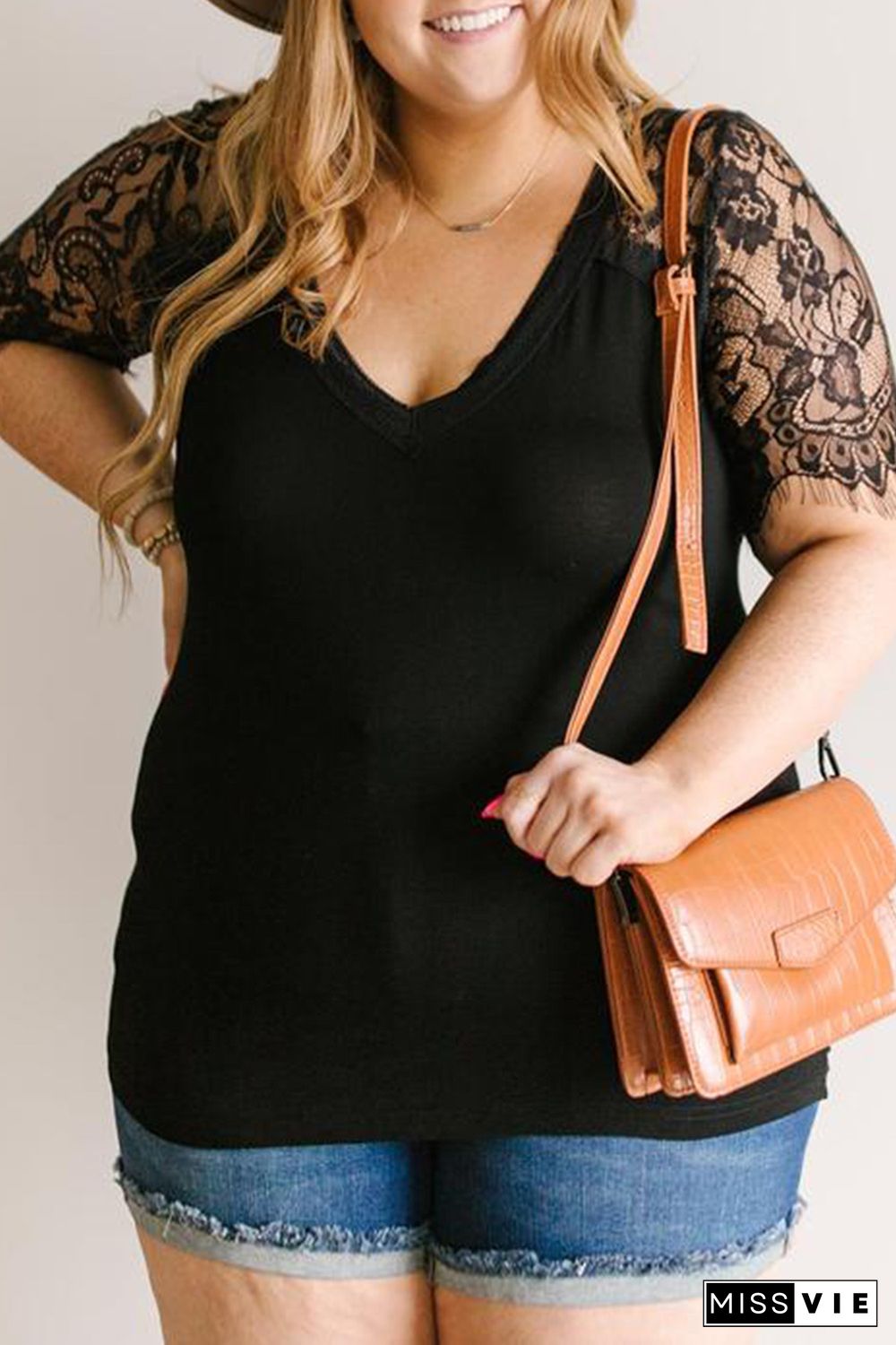 Black Lace Short Sleeve V Neck Plus Size Tee