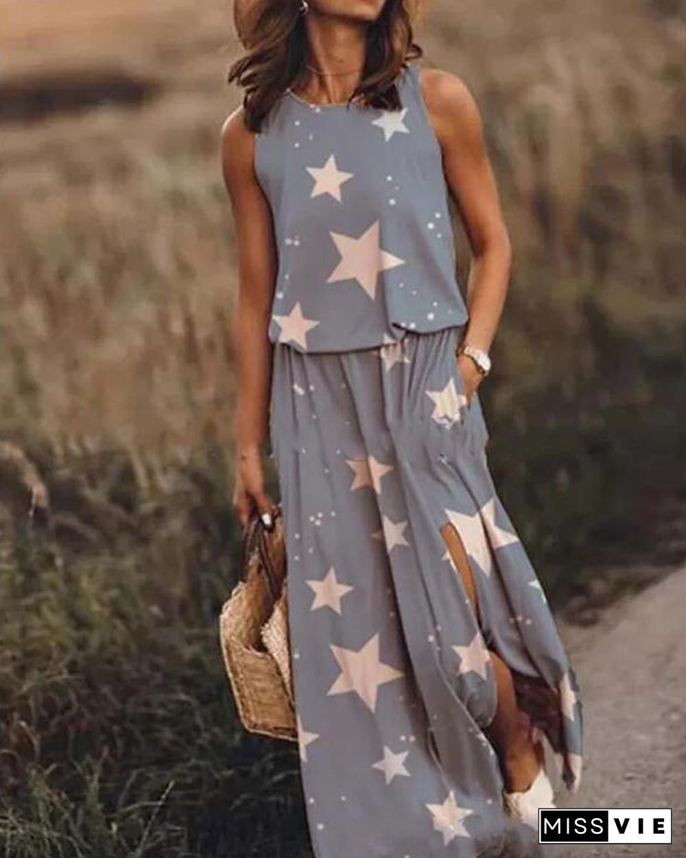 Print Sleeveless Round Neck Holiday Daily Fashion Maxi Dresses