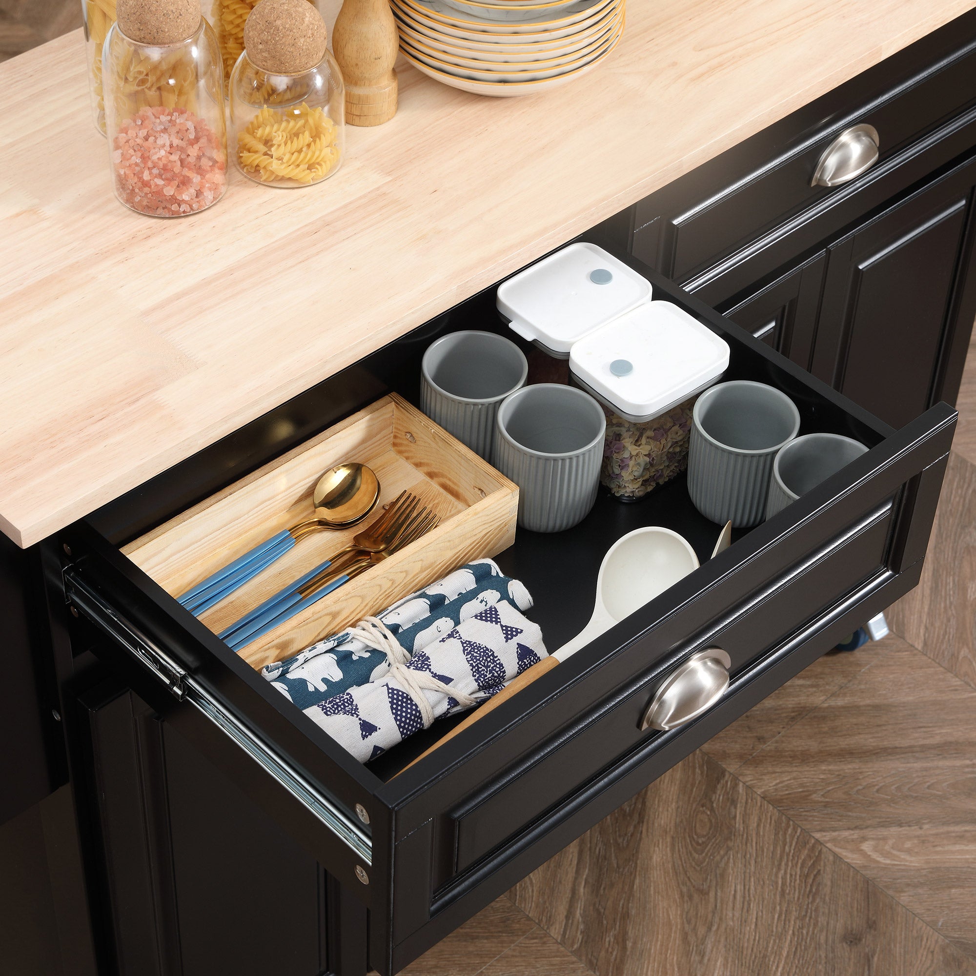 HOMCOM Rolling Kitchen Island on Wheels Utility Cart with Drop-Leaf and Rubber Wood Countertop， Storage Drawers， Door Cabinets， Black