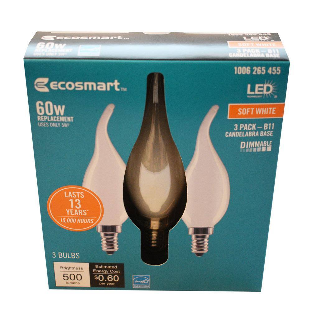 EcoSmart 60-Watt Equivalent B11 Dimmable E12 Candelabra Frosted Glass LED Vintage Edison Light Bulb Soft White (3-Pack) FG-04194