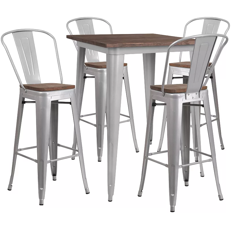 Merrick Lane 5 Piece Indoor Metal Bar Height Table Set， 31.5 Square Silver Table with Wood Top and 4 Vertical Slat Back Stools with Wood seats