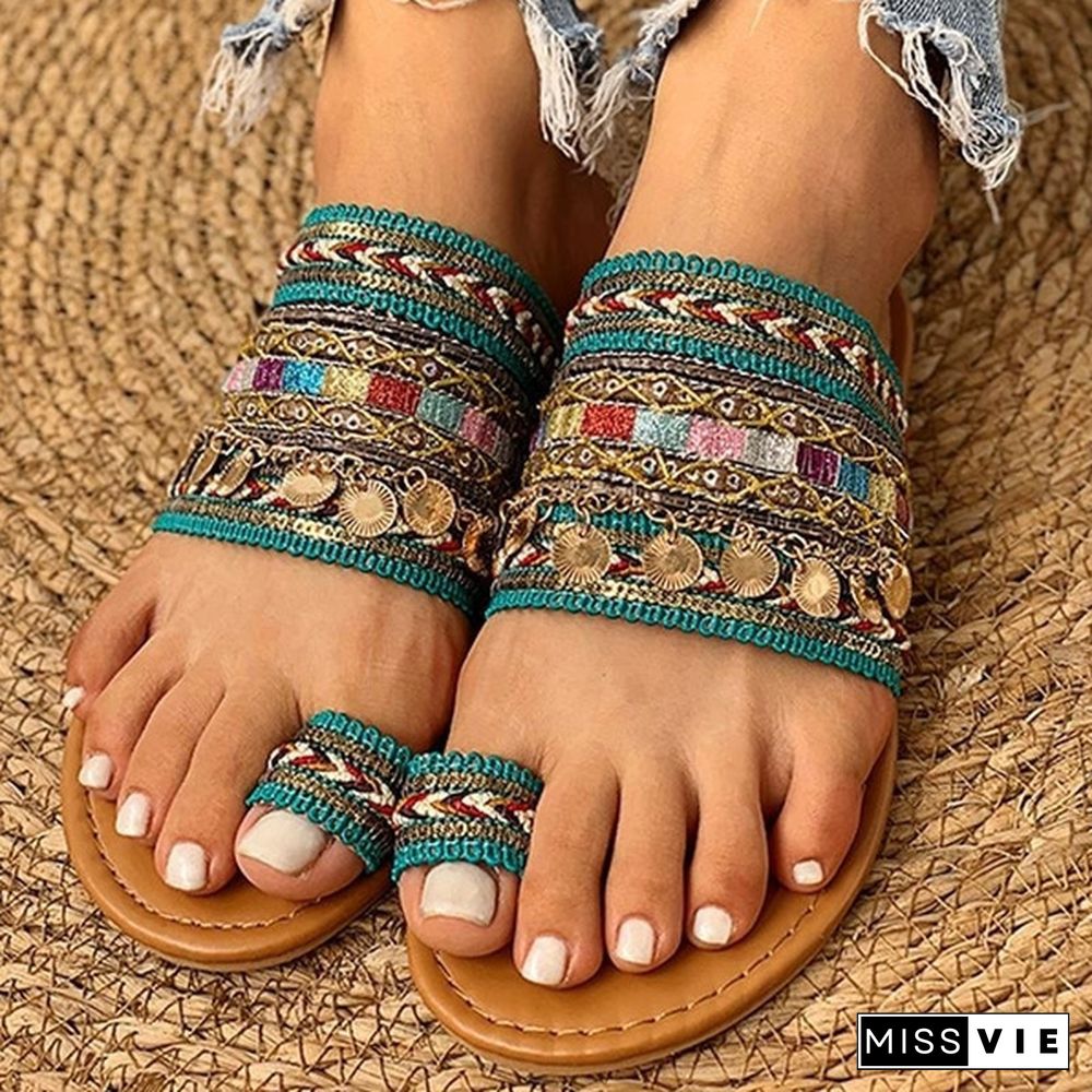 Women Fashion Summer Slipper Ethnic Boho Style Toe Ring Sandals