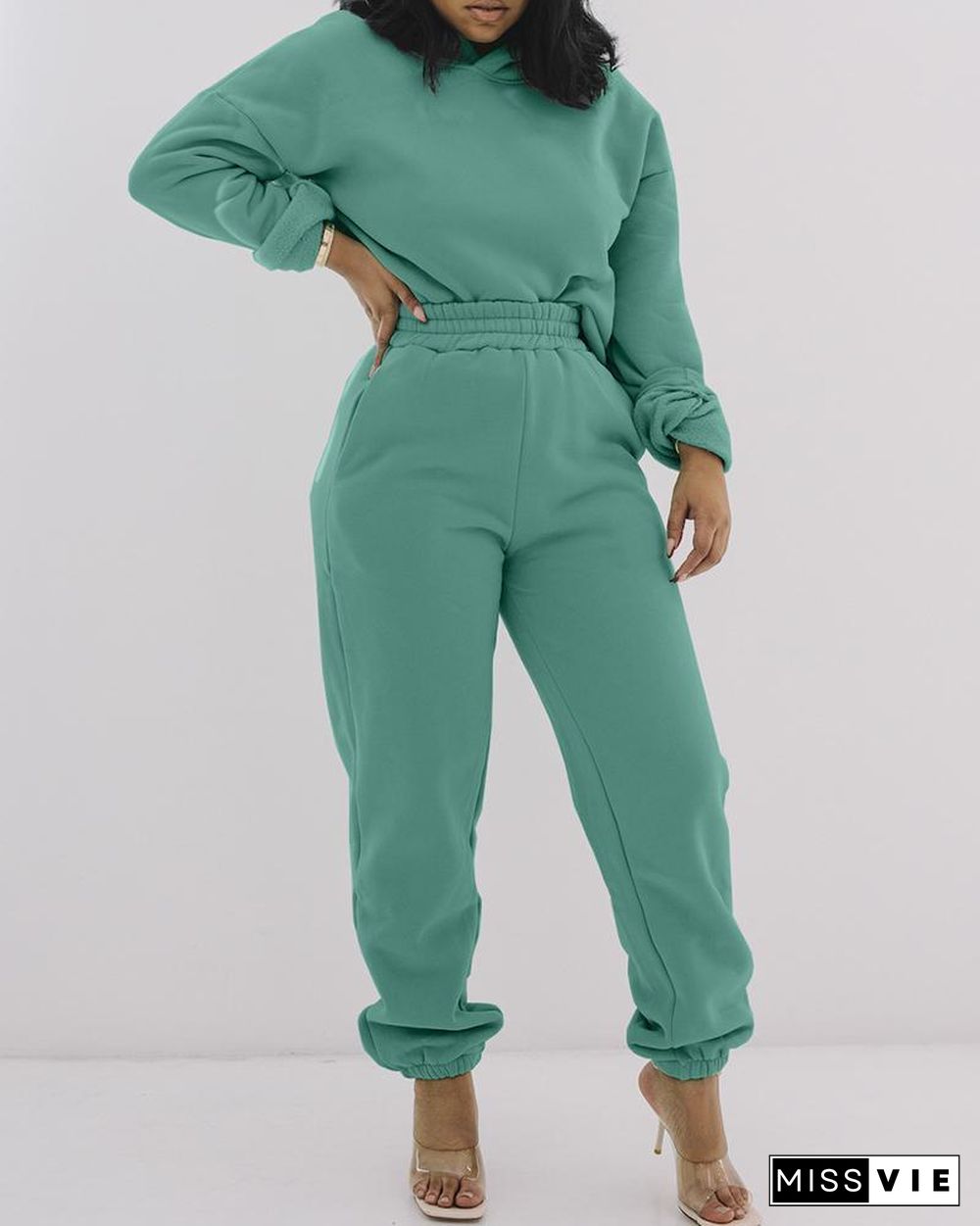 Plain Long Sleeve Top & Pants Set P13997