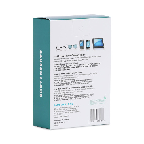 Bausch and Lomb Sight Savers Pre-Moistened Anti-Fog Tissues with Silicone， 8 x 5， 100/Box (8576)