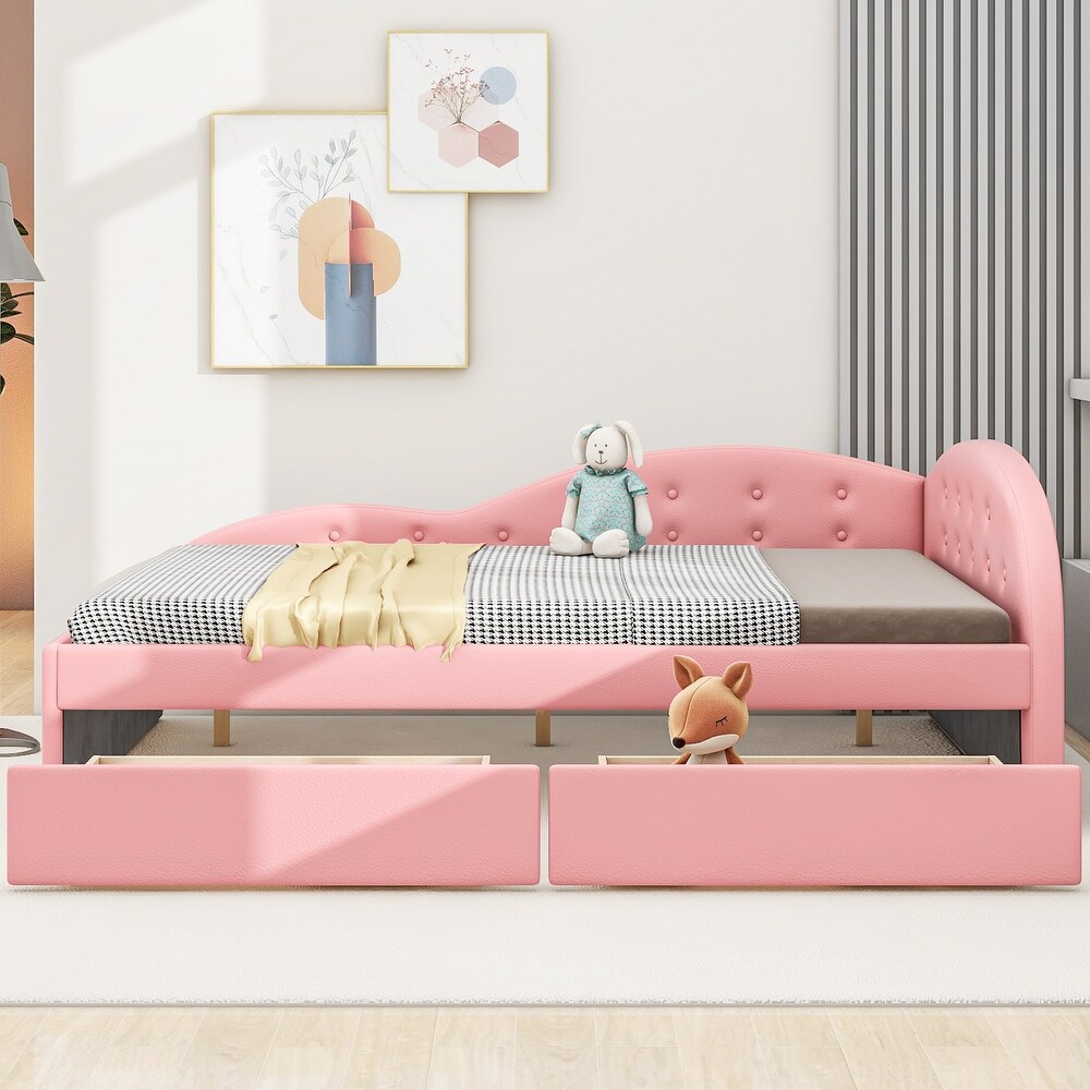 Pink Full Size PU Upholstered Tufted Daybed Wood Platform Bed Frame