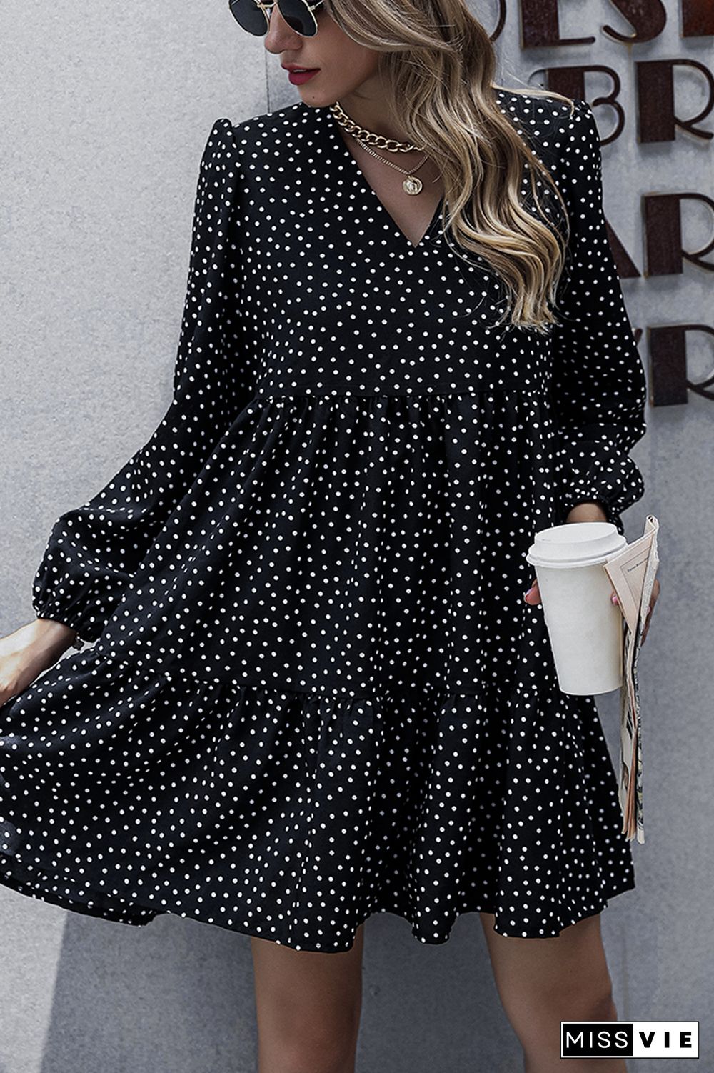 V Neck Spot Print Tiered Mini Dress