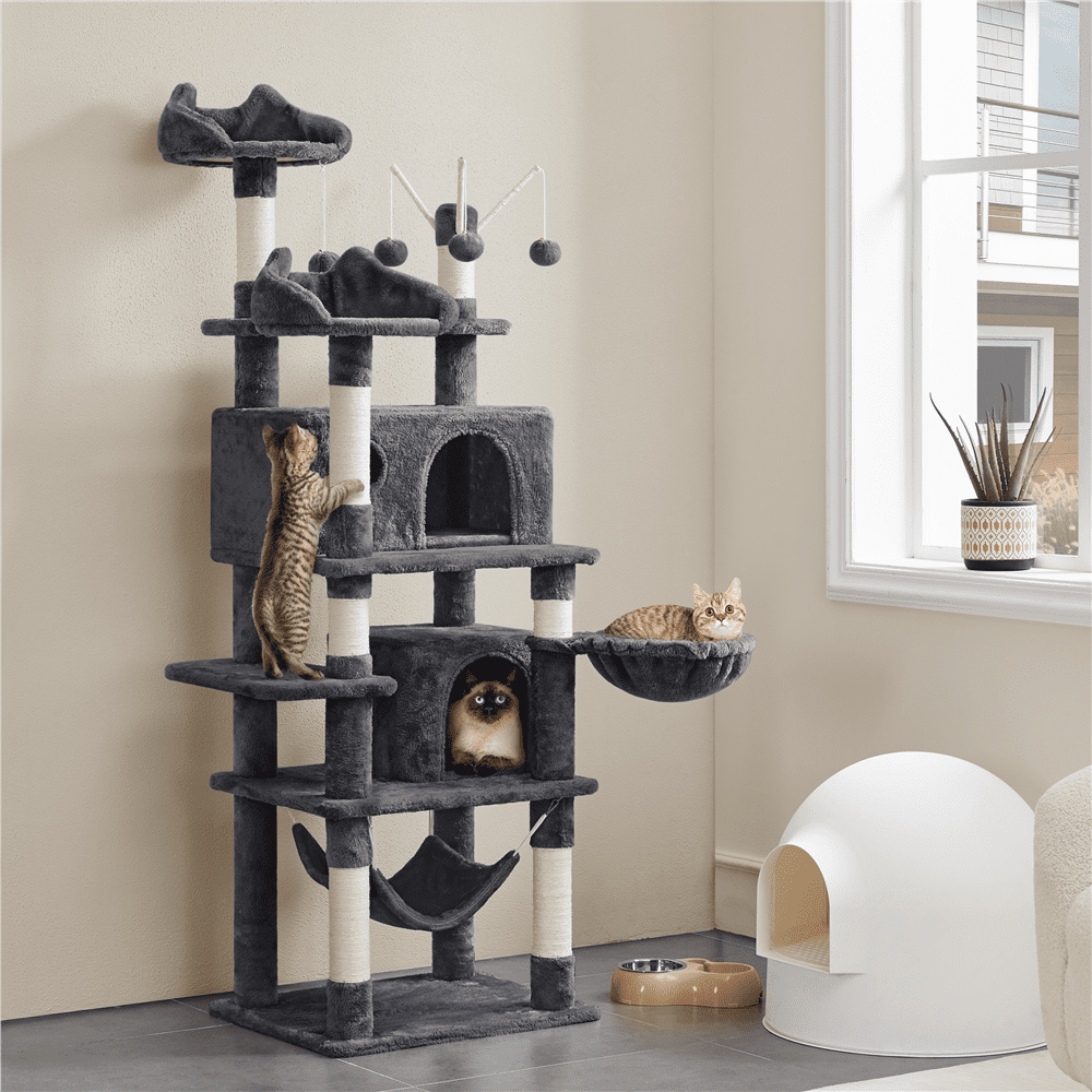 Easyfashion 67'' H Multi-Level Cat Tree Cat Tower with Condos， Dark Gray