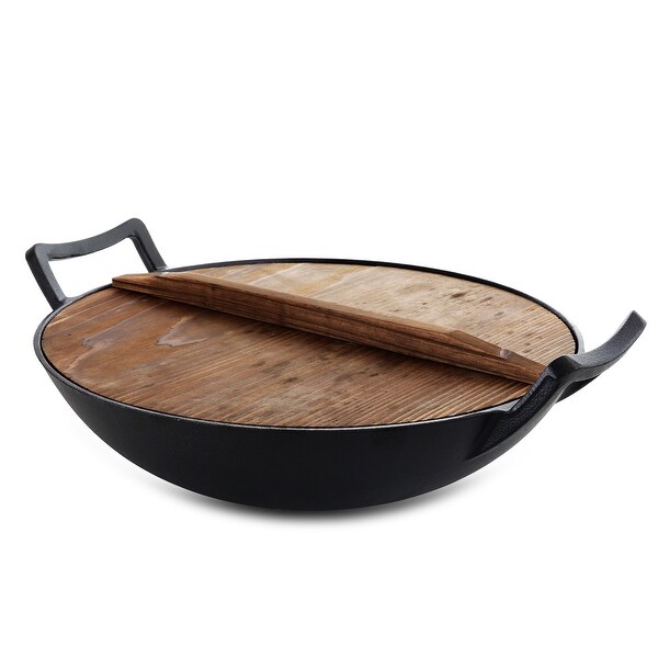 14 Inch Cast Iron Wok with Wood Lid