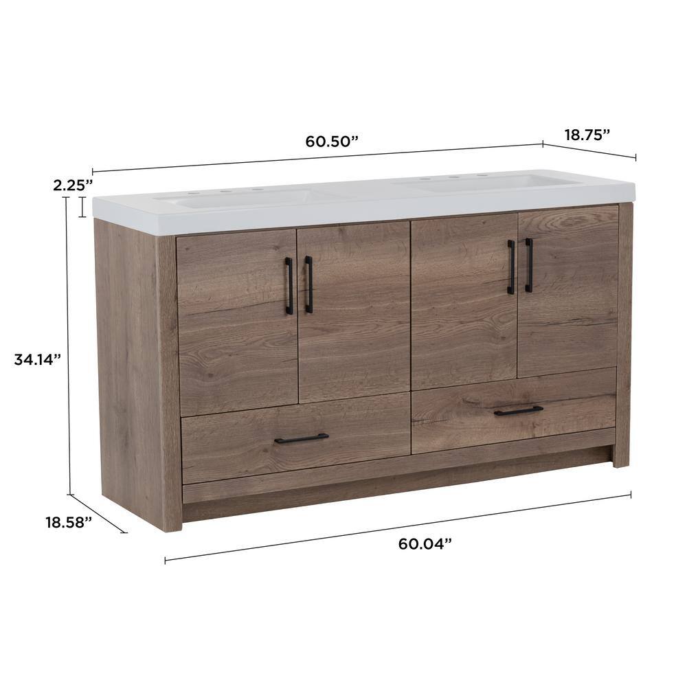 Home Decorators Collection Radien 60.5 in. W x 18.75 in. D x 34.14 in. H Bath Vanity in Halifax Oak with White Cultured Marble Top RN60P2-HO