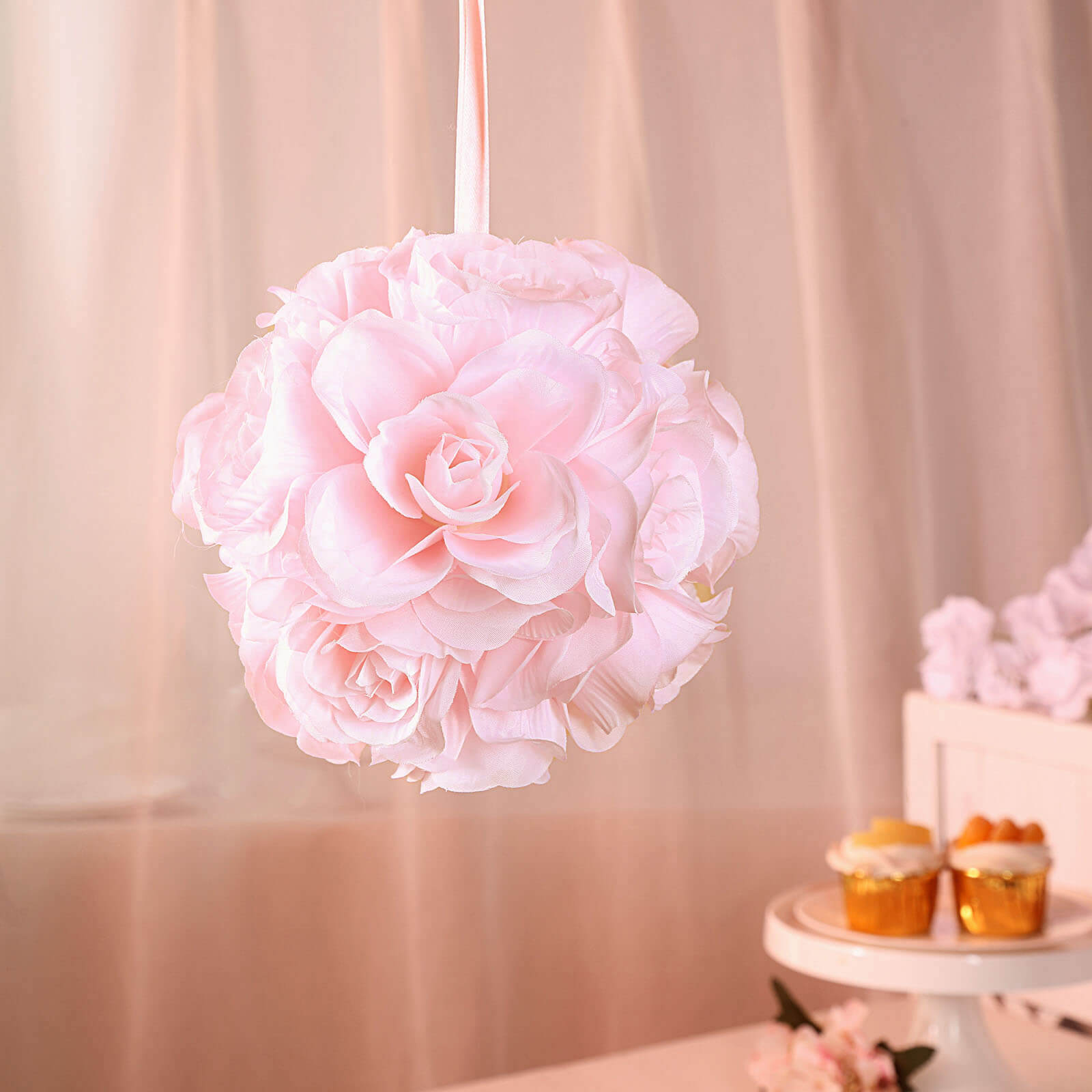 2 Pack Blush Artificial Silk Rose Kissing Ball, Flower Ball 7