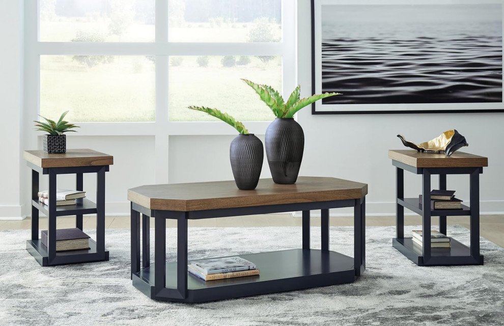 3 Pieces Coffee Table Set  Dark Blue Slate Wooden Base With Light Brown Top   Modern   Coffee Tables   by Decor Love  Houzz