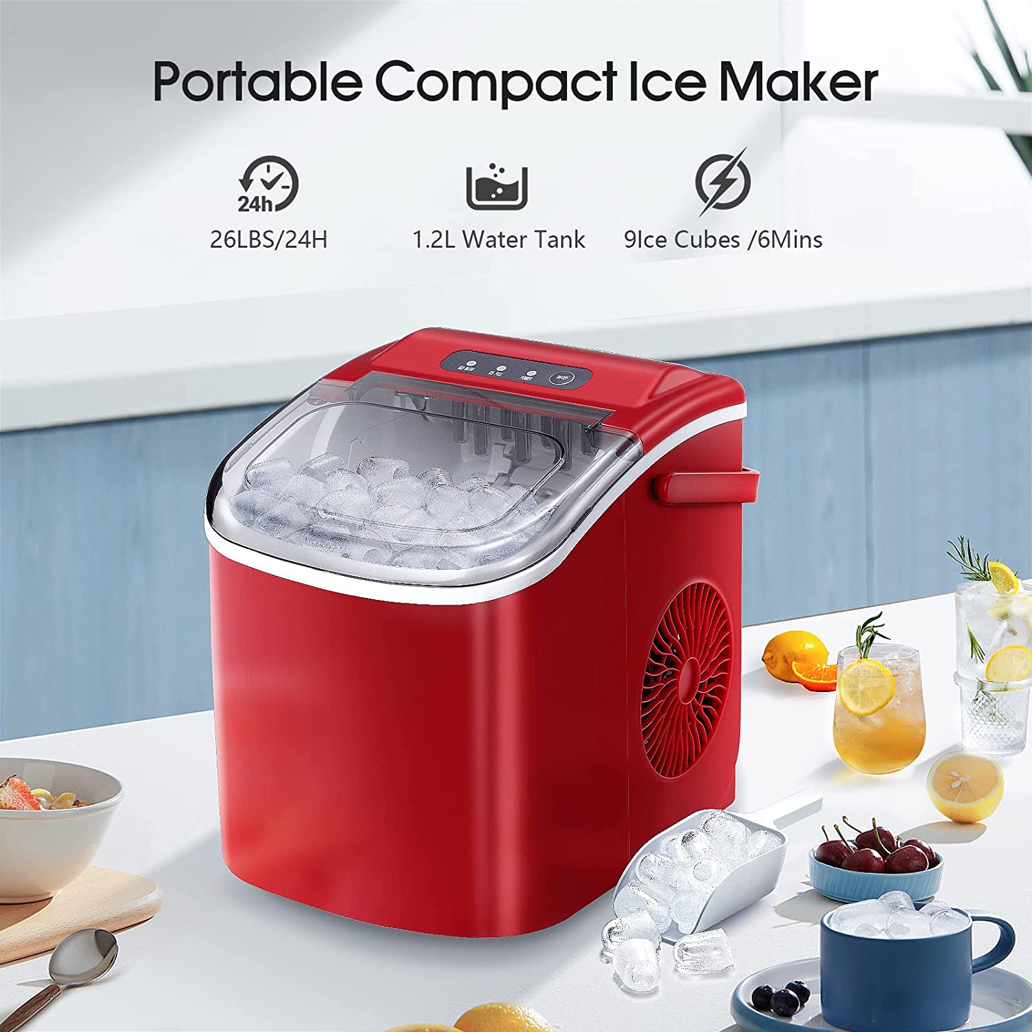 Ice Makers Countertop,Protable Ice Maker Machine with Handle,Self-Cleaning Ice Maker, 26Lbs/24H, 9 Ice Cubes Ready in 8 Mins, for Home/Office/Kitchen