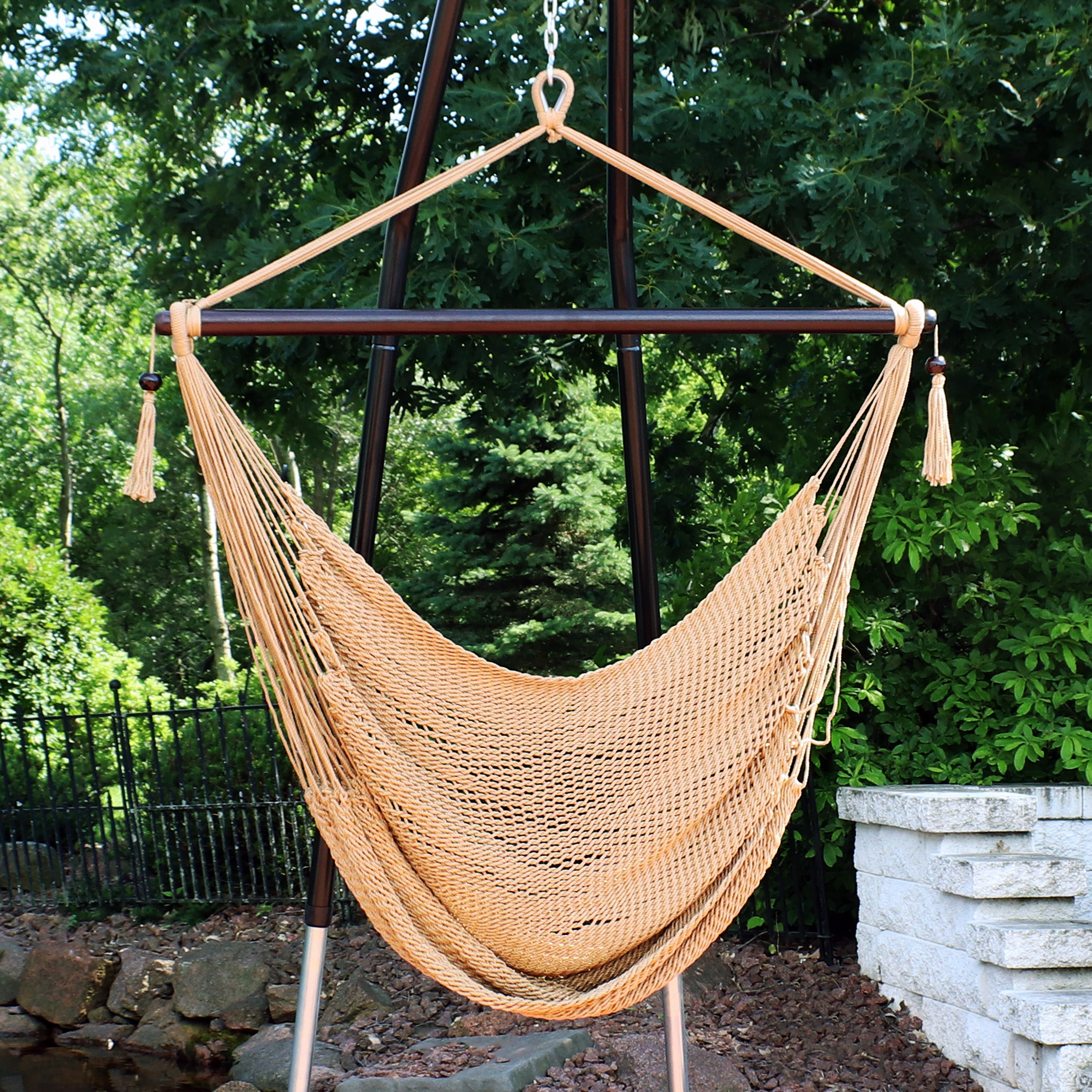 Sunnydaze Caribbean Style Extra Large Hanging Rope Hammock Chair Swing for Backyard and Patio - Tan