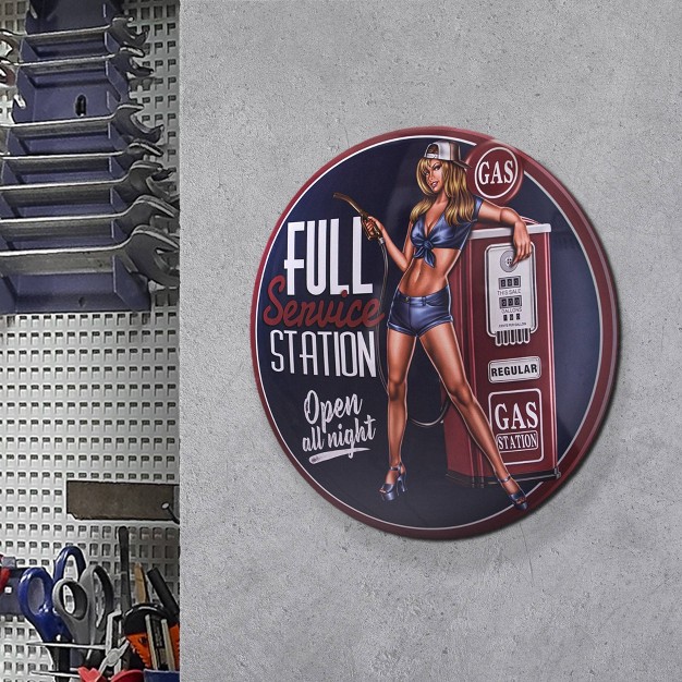 X 15 quot Gas Station Pinup Girl Dome Metal Sign Dark Blue American Art Decor