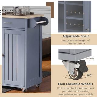 Tileon Gray Blue Wood Table Top 48 in. W Kitchen Island with Drawers 2 Storage Cabinets and Locking Wheels Wine Rack Spice Rack WYHDRA073