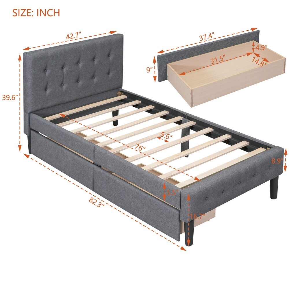 Solid   Sturdy Twin Size Upholstered Platform Bed with 2 Drawers