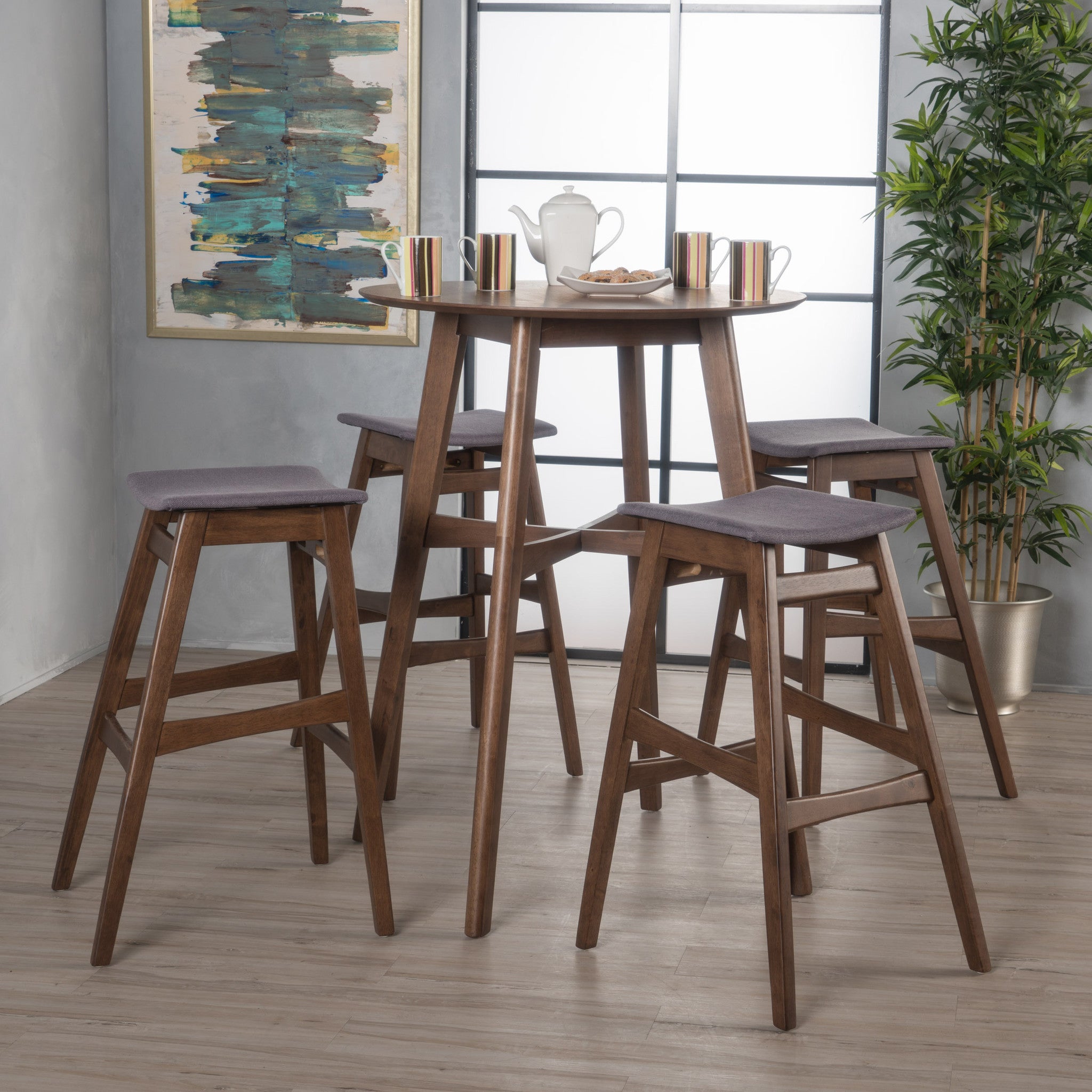 Simi Natural Walnut Finish Circular 5 Piece Bar Height Dining Set