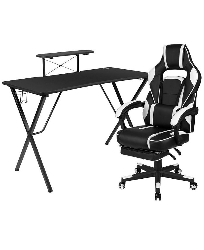 EMMA+OLIVER Gaming Bundle-Cup Headphone Desk and Reclining Footrest Chair