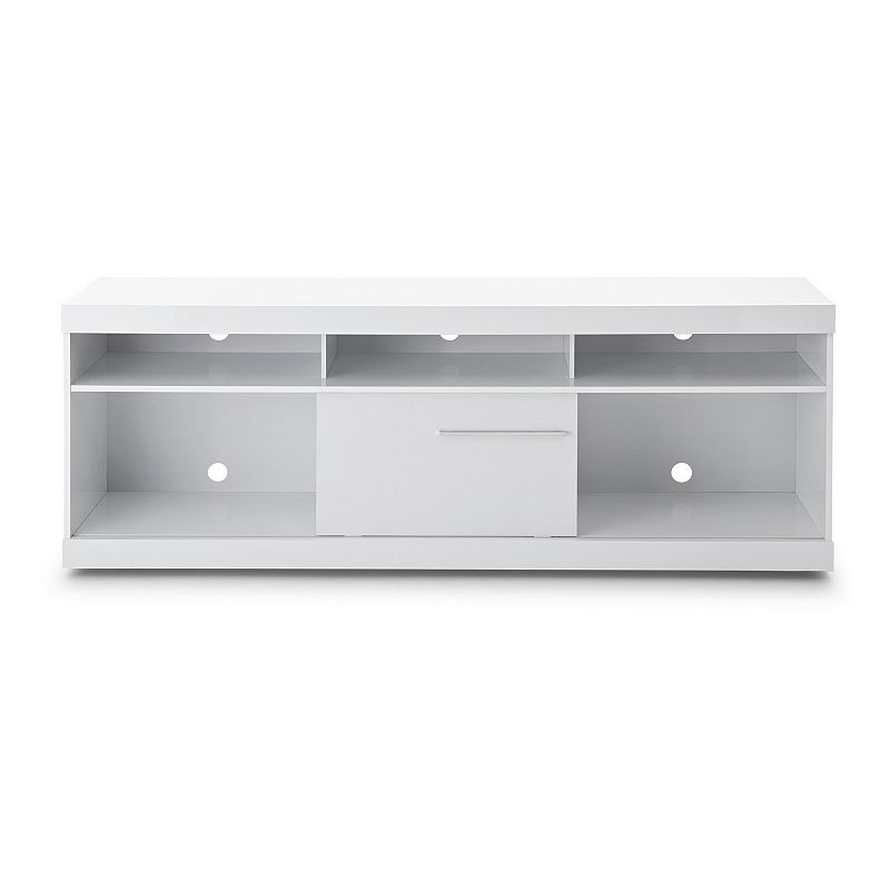 Hud 71 Inch Modern TV Console Media Entertainment Center， 5 Open Compartments， 1 Sliding Door， White