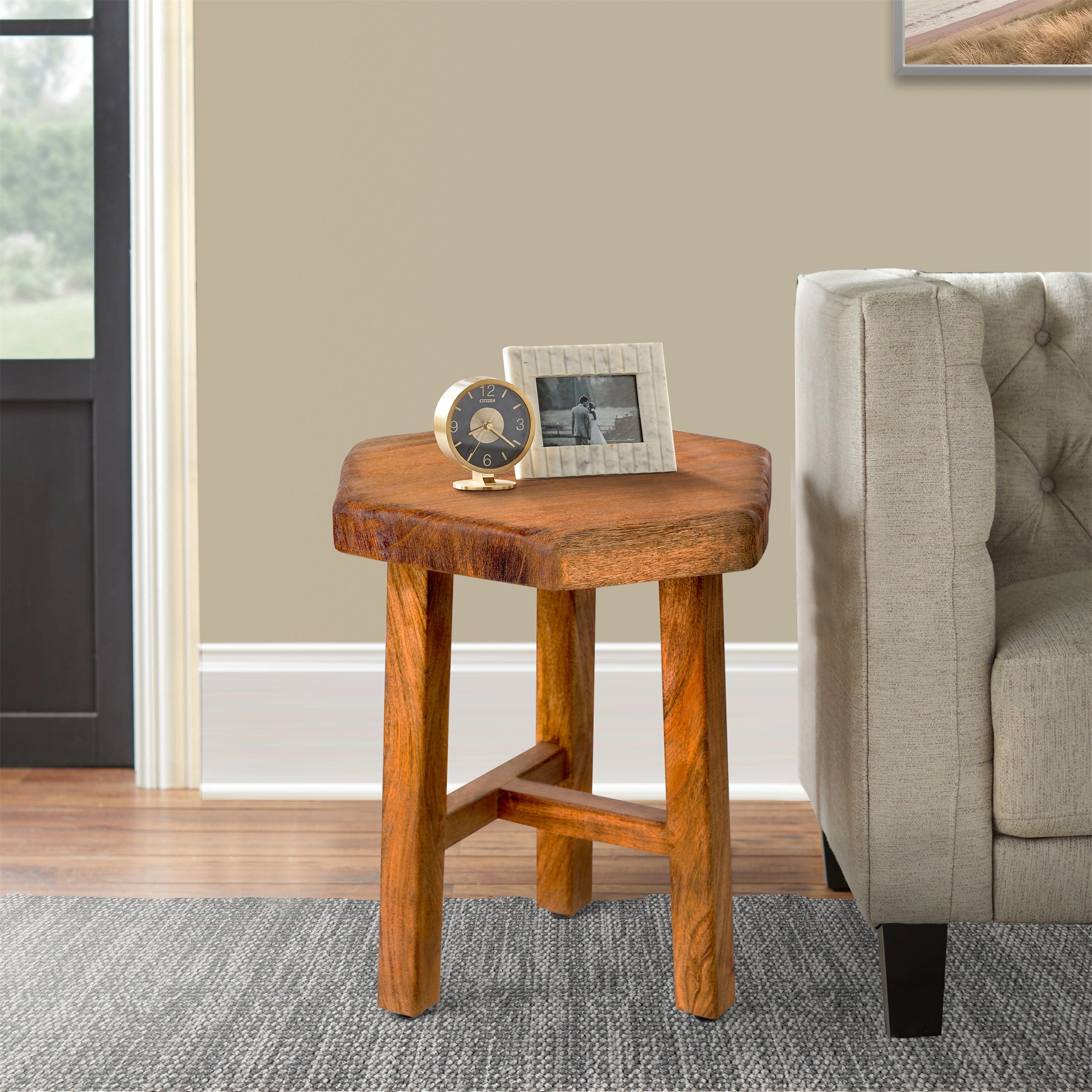 Warm Brown 18 Inch Hexagon Acacia Wood Side Table with Live Edge Top