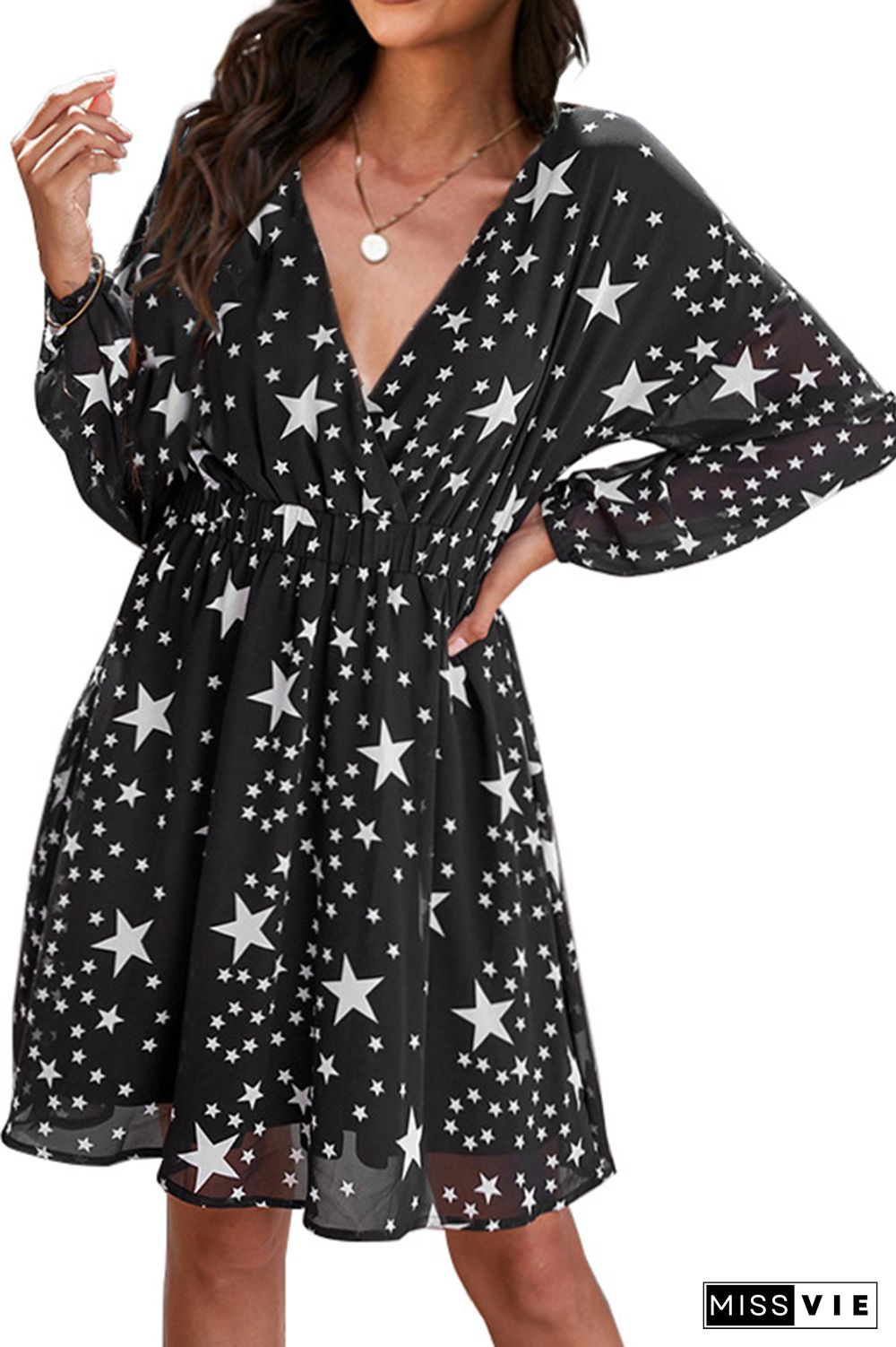 Star Print V Neck Baggy Long Sleeves Mini Dress