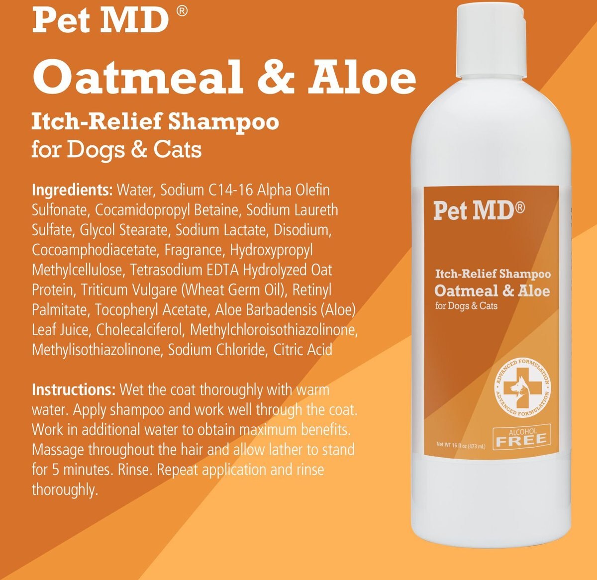 Pet MD Oatmeal and Aloe Itch Relief Dog and Cat Shampoo， 16-oz bottle