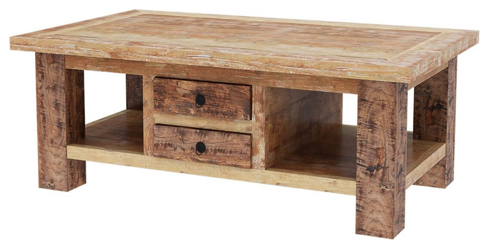 Britain Handcrafted Rustic Teak Wood 2 Drawer Coffee Table   Farmhouse   Coffee Tables   by Sierra Living Concepts Inc  Houzz