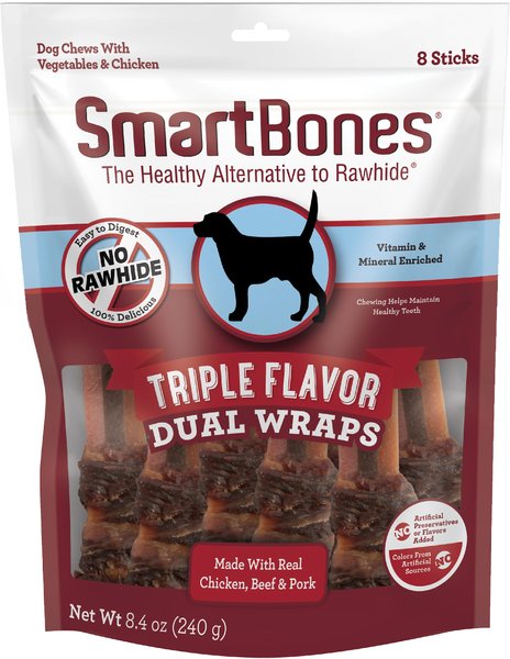 SmartBones Triple Flavor Dual Wraps Real Chicken， Beef and Pork Dog Treats， 8 count