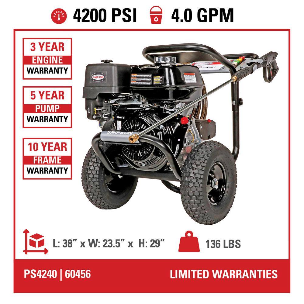 SIMPSON PowerShot 4200 PSI 4 GPM Gas Cold Water Professional Gas Pressure Washer with HONDA GX390 Engine (49-State) PS4240