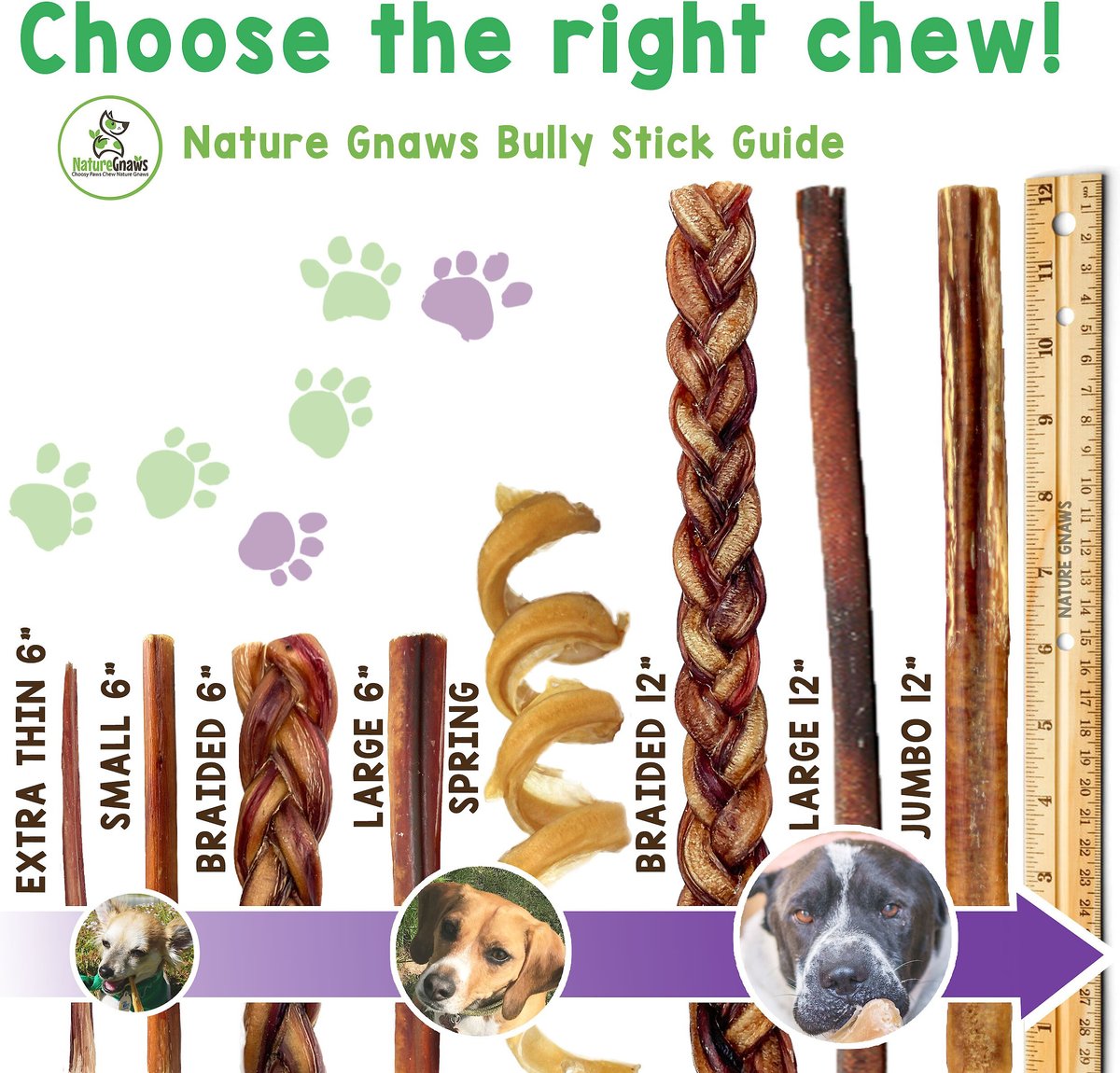 Nature Gnaws Large Bully Stick and Braided Bully Stick Combo Dog Treats， 6 count