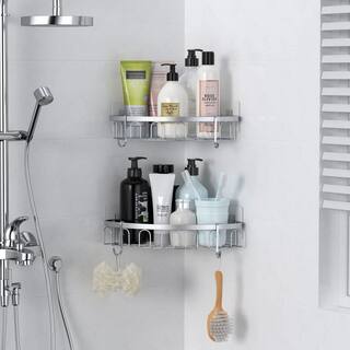 Dracelo 2-Pack Silver Adhesive Stainless Steel Corner Shower Caddy Storage Shelf with 4 Hooks B08HH1XFHR